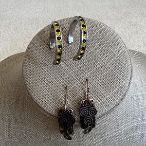 Dark Purple/Yellow Crystal Hoop Earrings and Geometric Metal Dangle Earrings